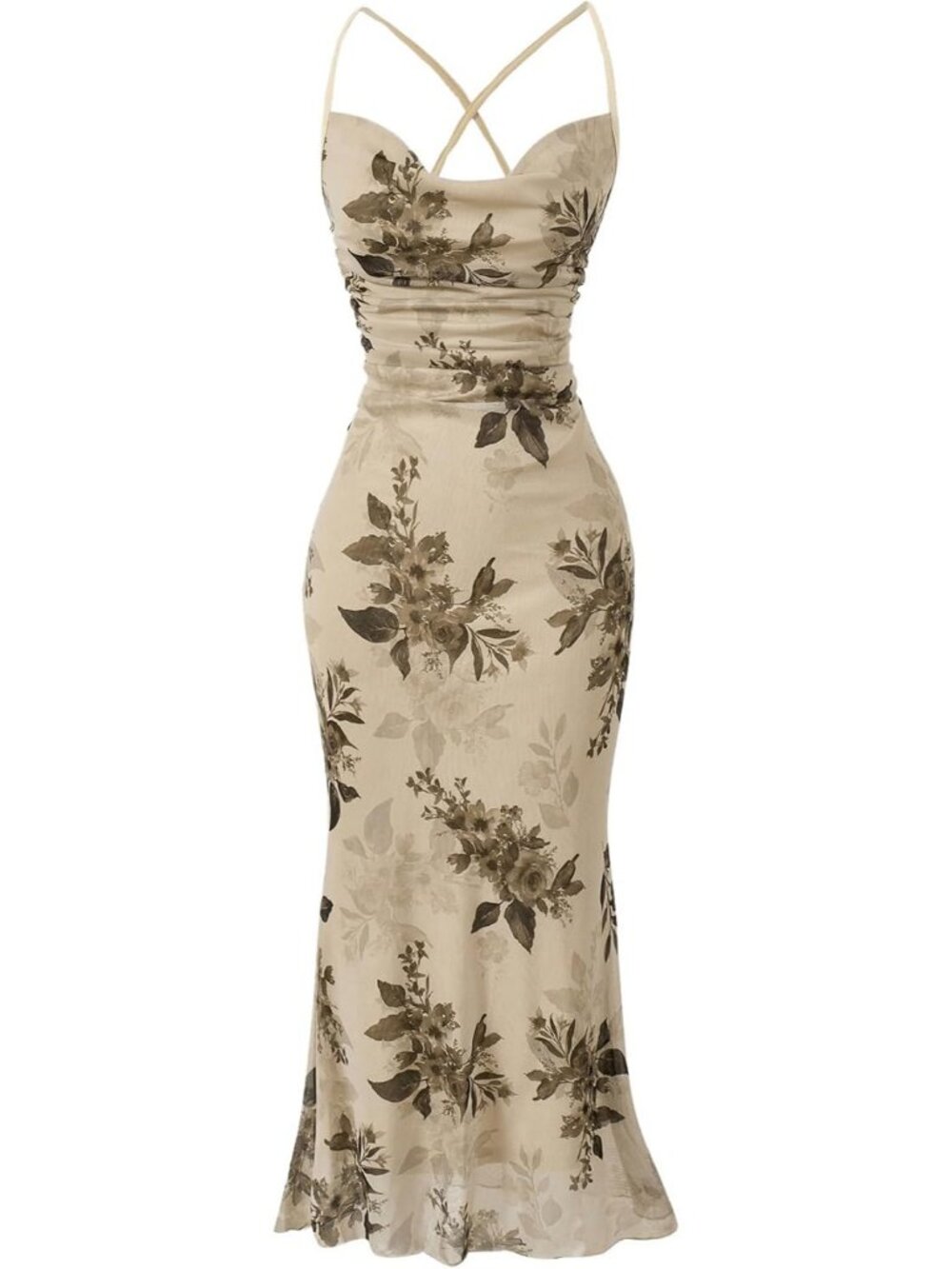 Women's Apricot Floral Summer Mesh Cami Cocktail Cowl Neck Sleeveless Maxi Dress